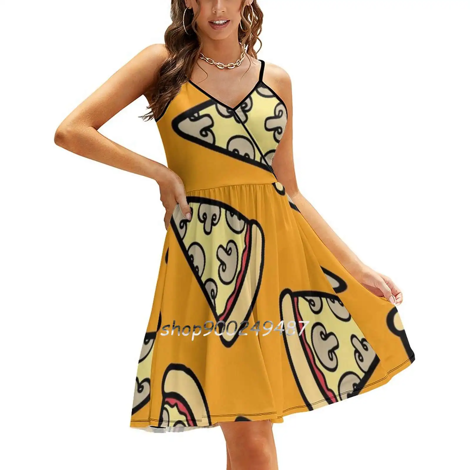 

Mushroom Pizza Pattern Sweet Summer Casual Sling Dresses Korean Women Sexy Sundress Pizza Slice Mushroom Cheese Crust Tomato