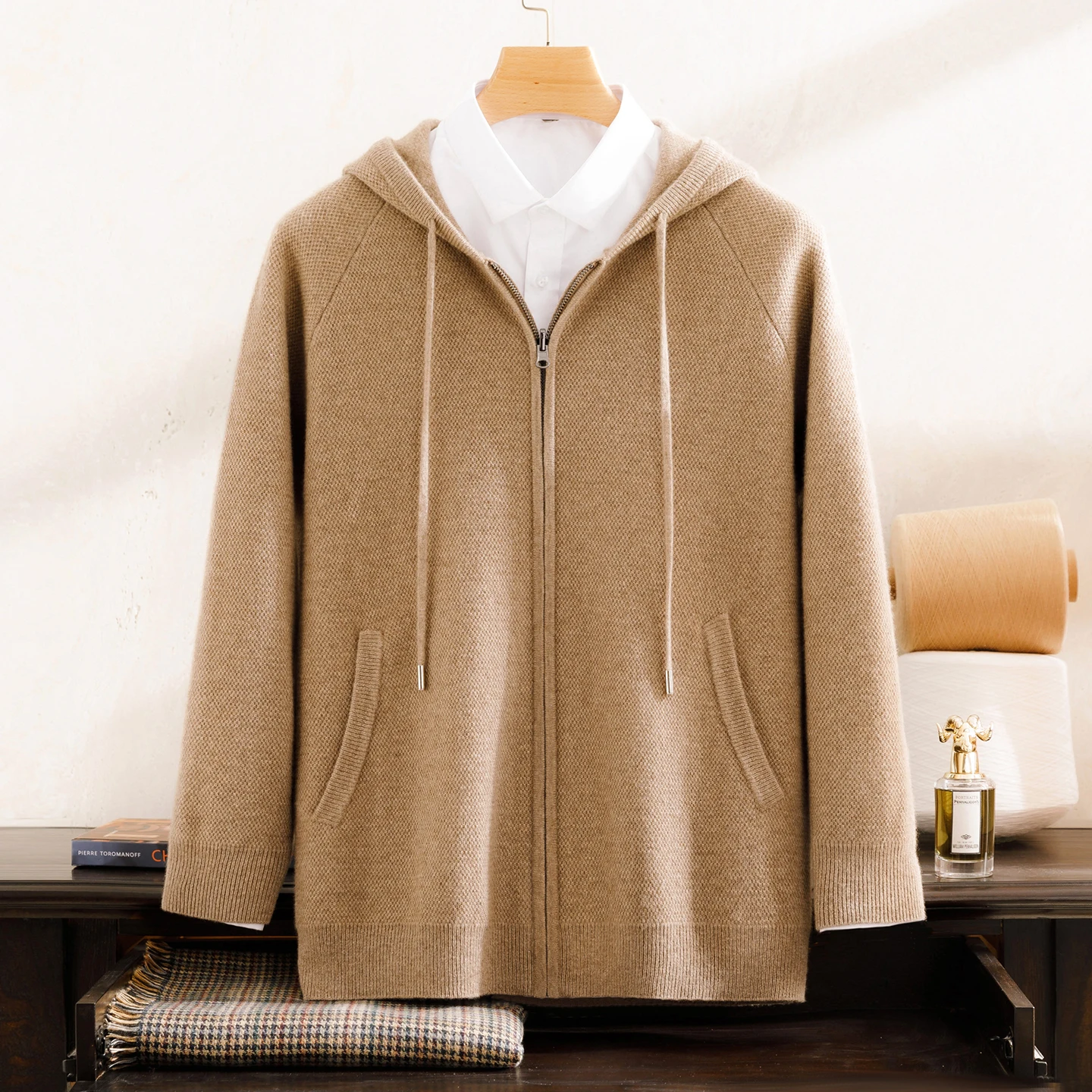 High quality 100% cashmere men's suit hooded collar zipper cardigan jacket knitted straight leg pants pocket two-piece set thick
