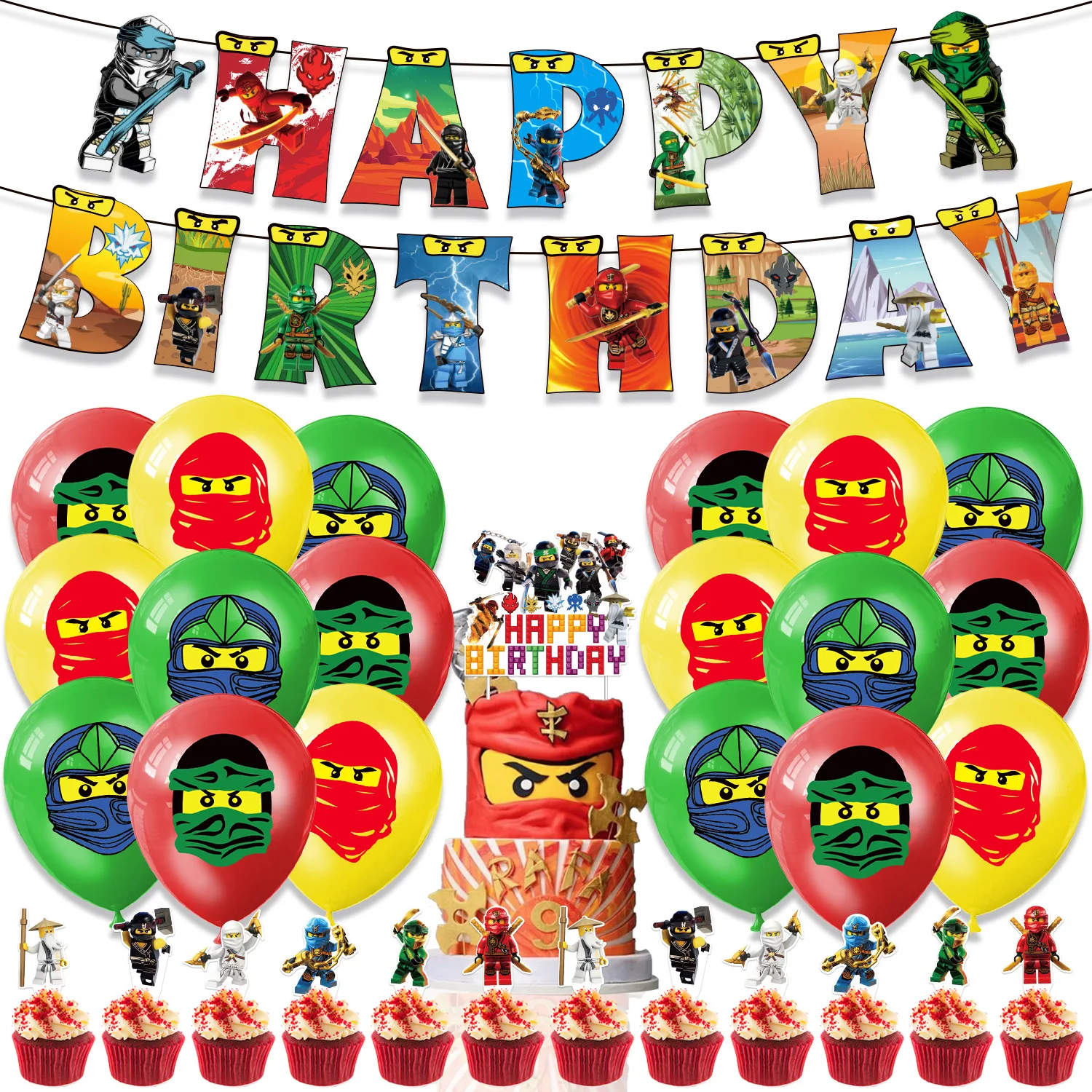 Ninjago Party Dekorations-Set Partyzubehör mit Banner, Luftballons, Tortendeko für Kindergeburtstag Babyparty Partyfavors
