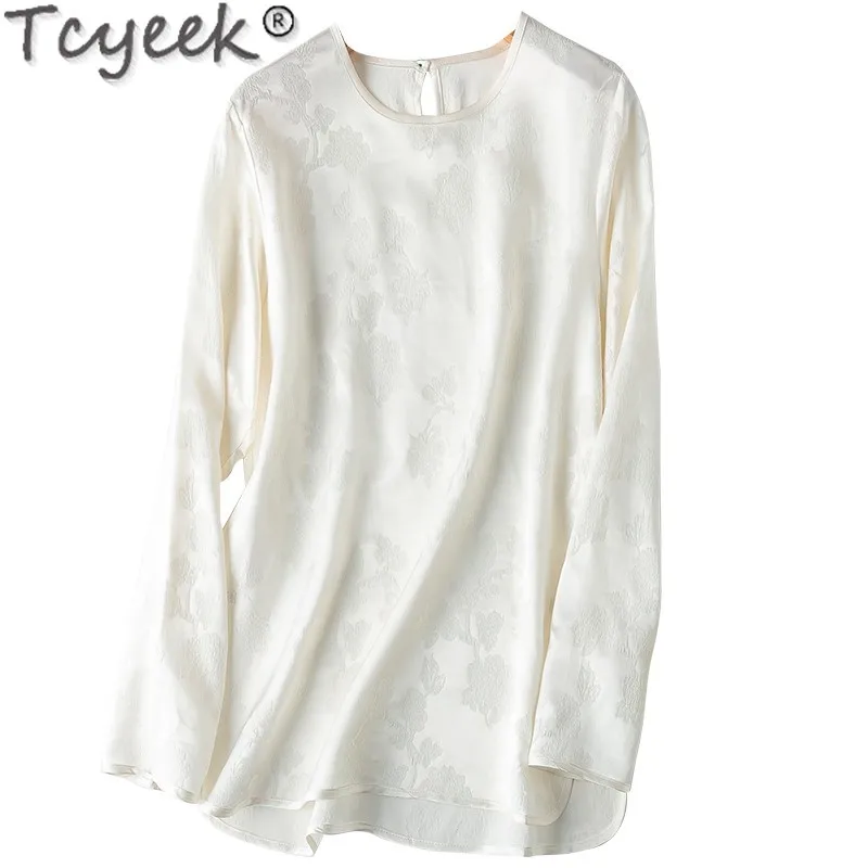 

Tcyeek 50% Mulberry Silk Blouses for Women Clothes 30mm Silk Elegant Female Blouse Loose Fit 2024 Spring Summer Long Sleeve Top