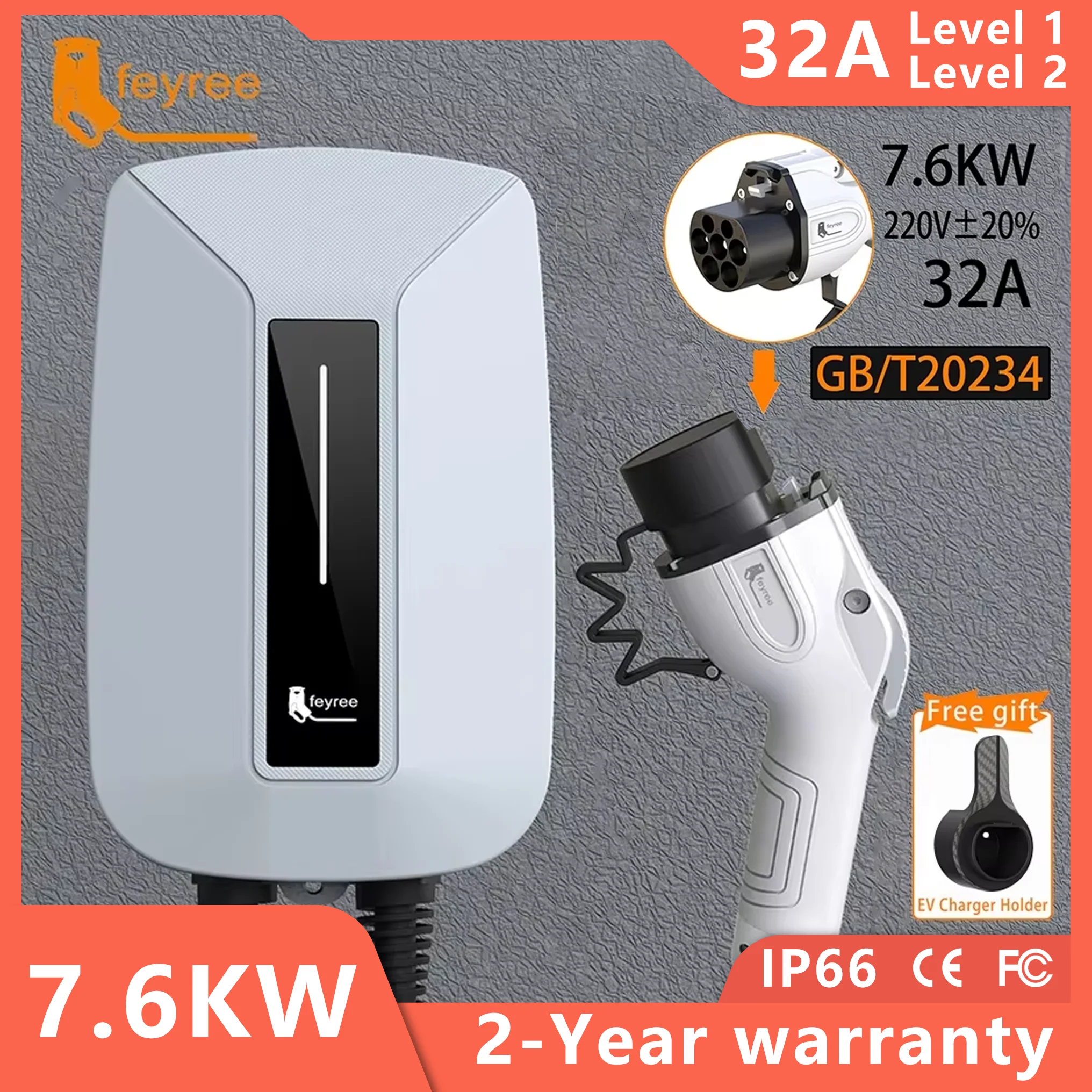 Feyree-EVSE Wallbox estação de carregamento para carro elétrico, tipo 2 Plug, Wallmount, tipo 2, soquete, 1 Phase, 5m cabo, 32A, 7KW, IEC62196-2