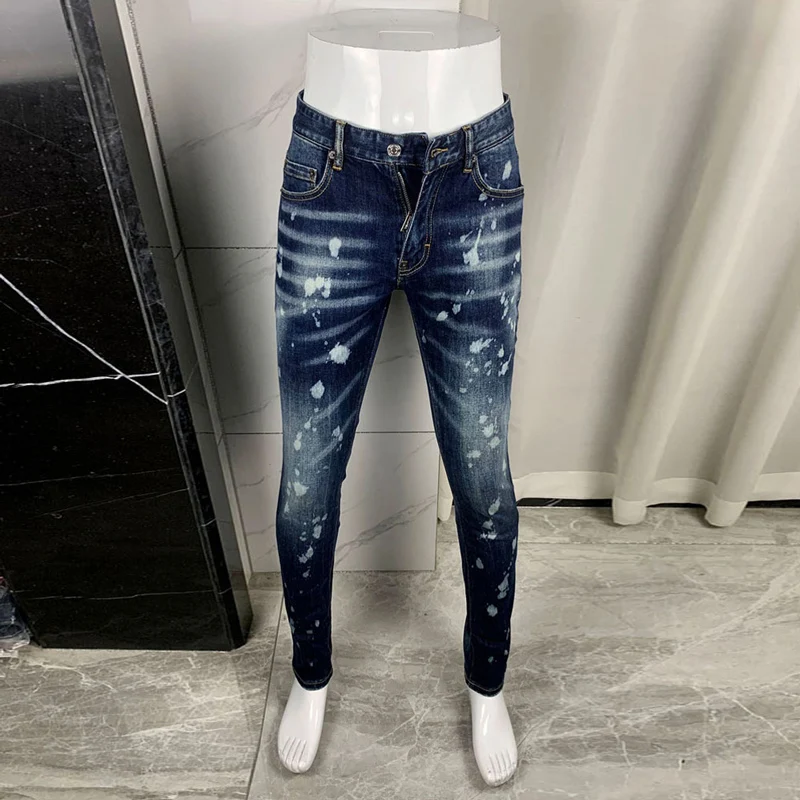 

European and American designer high street fashion men's jeans retro blue elastic slim fit ripple painted jeans men's lace up hi