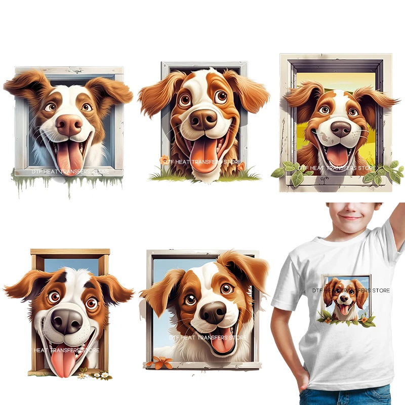 Summer watercolor fun dog outside the window PatternHeat-sensitive Patches Application Stripes on Kids Clothes ironing Printing