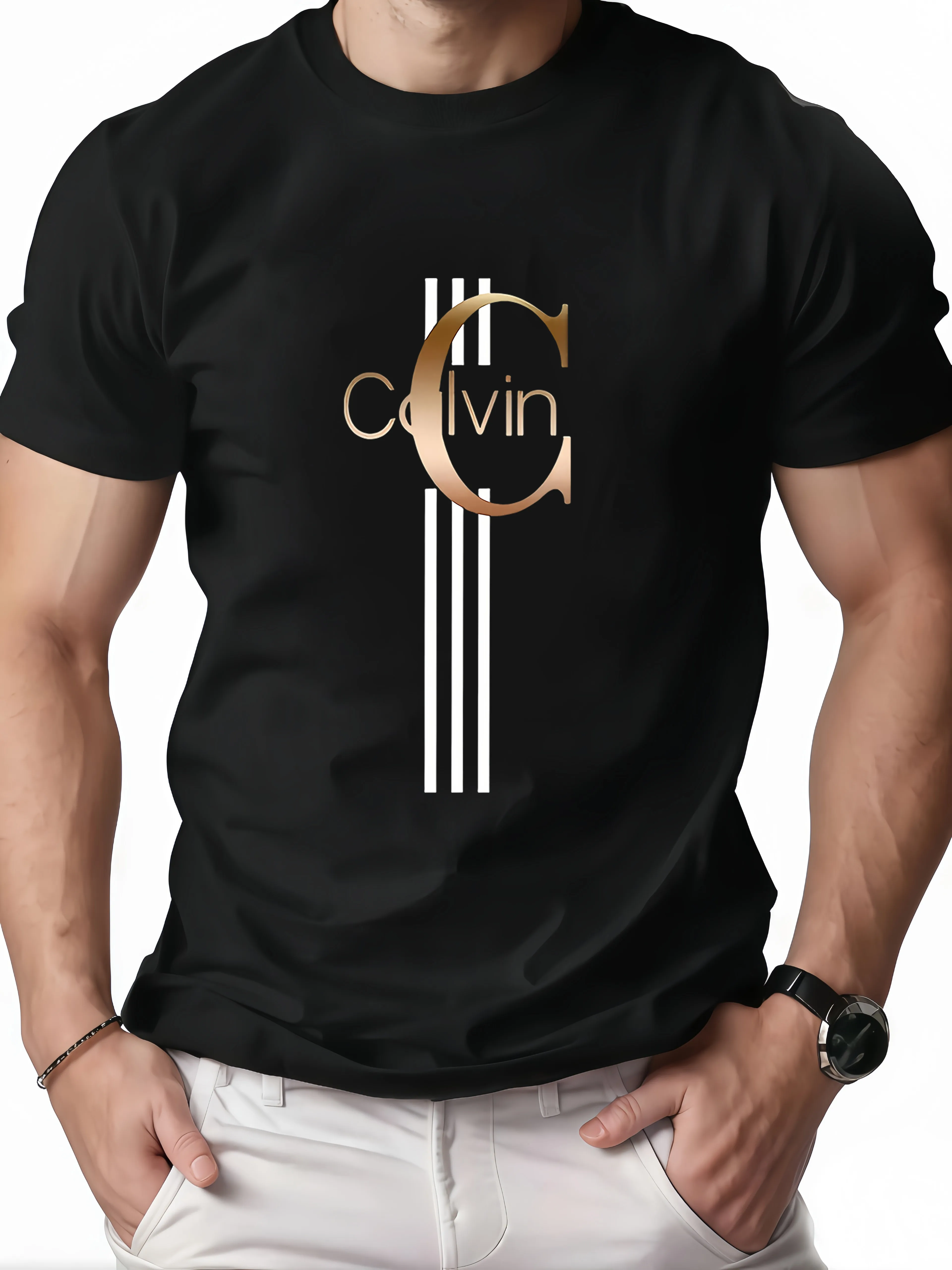 Men's Fashion T-shirt Tops Are Printed with Light Luxury Gold Prints Simple Lines and Metallic Gloss Interweave A High Sense