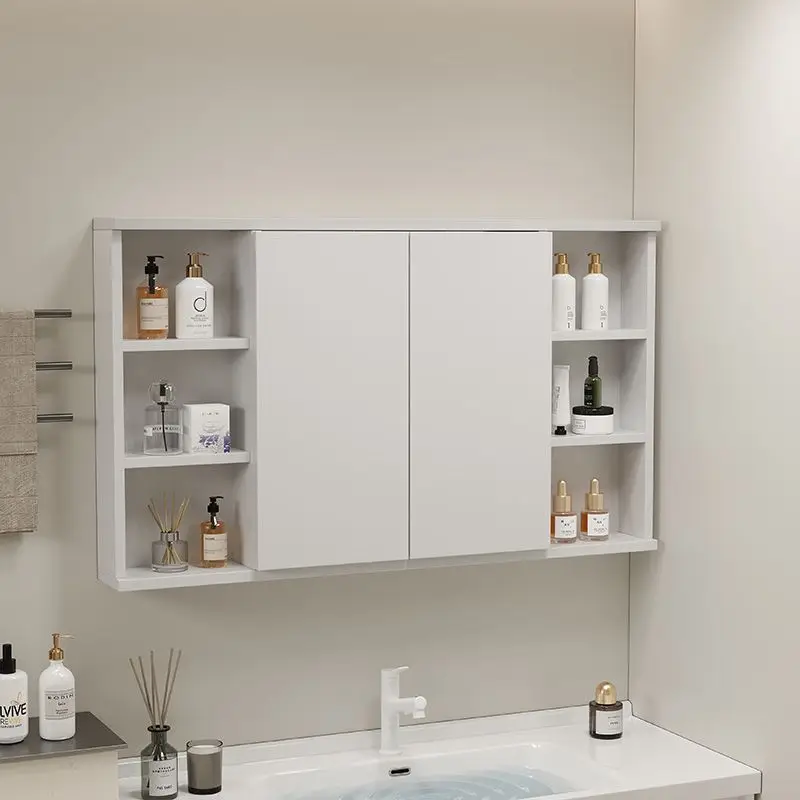 Intelligent single folding feng shui bathroom cream hidden wall type multi-layer solid wood hidden mirror cabinet clamshell type