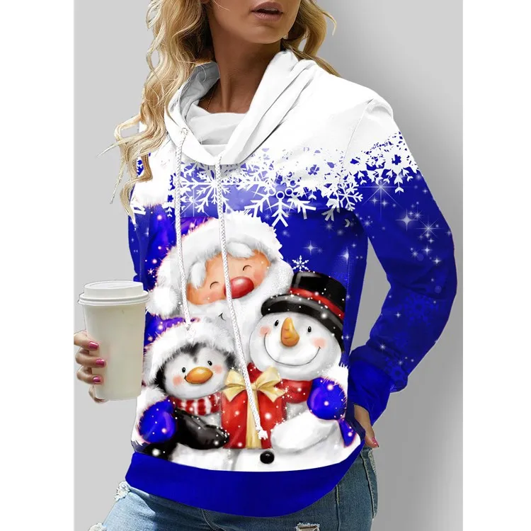 

2023 Women's New Fashion Comfortable Top Santa Claus Snowman Pile Neck Double Drawstring Pullover Sweater