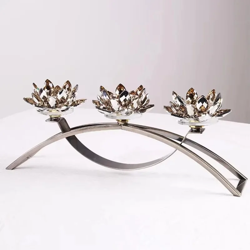 

【Best-selling】3 Arm Golden Crystal Lotus Lamp Candlestick Crystal Lotus Pillar Candlestick Dining Table Center