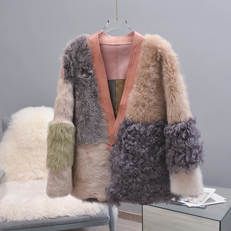 Tcyeek Women's Winter Coats Tuscan Wool Fur Coat Women Clothes Contrast Color Fashion Warm Female Fur Jacket Casaco Feminino Lq