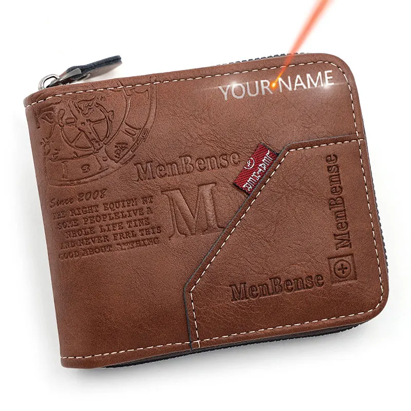 Free Name Engraving New Short Men Zipper Wallets Brand Card Holder Coin Pocket Male Wallet Classic Photo Holder Men\'s Purses