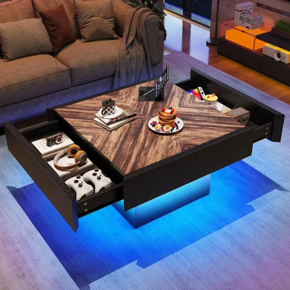 Farmhouse Coffee Tables Square Coffee Table for Living Room Wood LED Coffee Table with Storage Modern Living Room Tables with 2