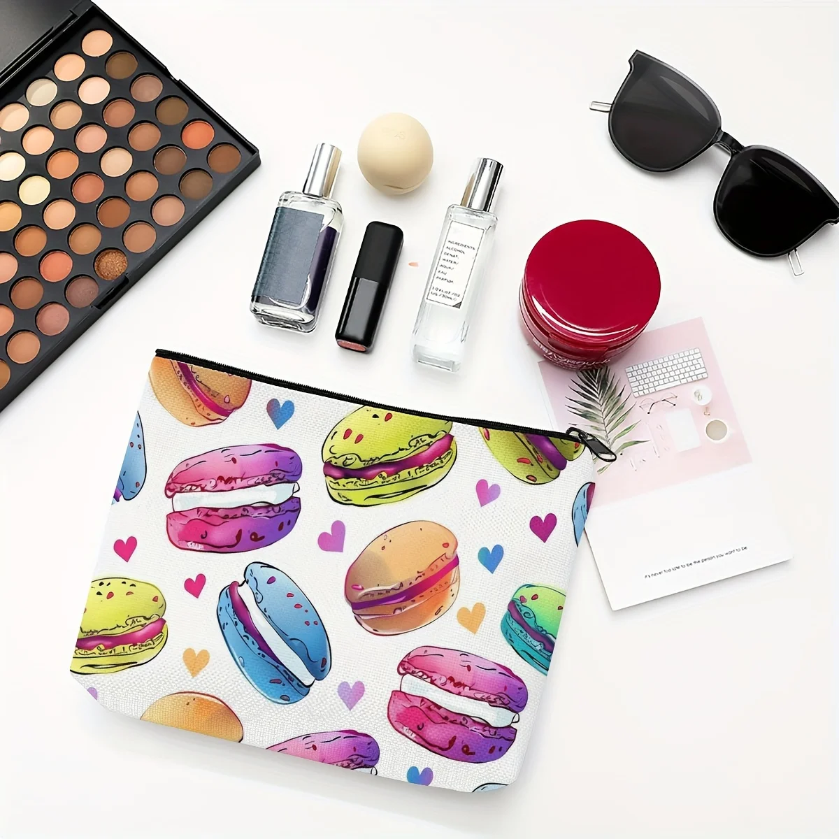 1 Piece Colorful Macaron and Heart-Shaped Printed Makeup Bag - Multifunctional Zipper Pouch for Women, Perfect Travel Zipper Storage Bag, Fun Birthday Gift