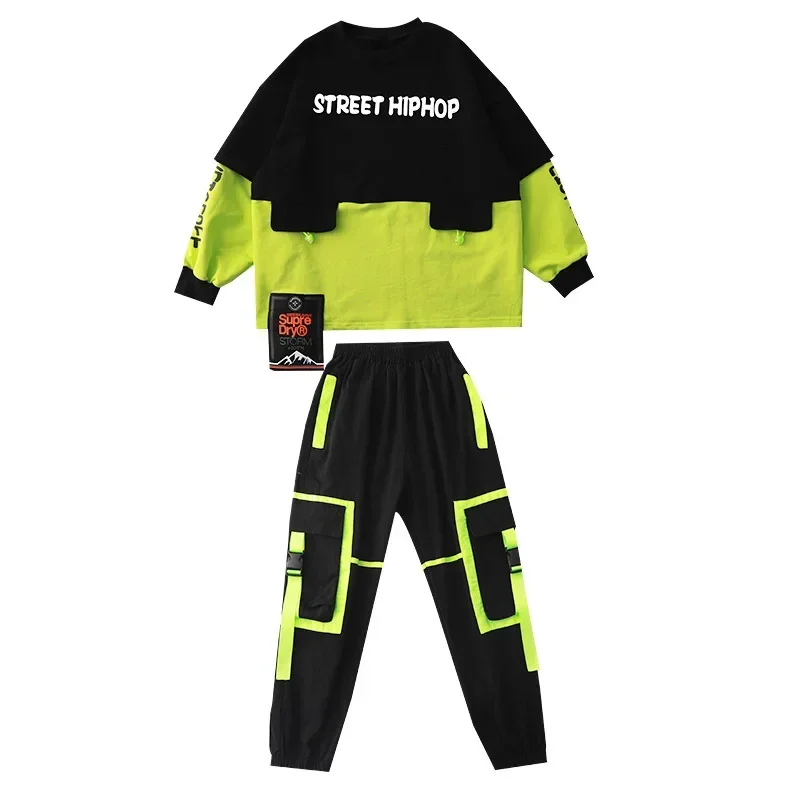 Boys Hip Hop Streetwear Girls Crop Top Cuff Cargo Pant Outfit Child Patchwork Sweatshirt Joggers Street Dance Kids Jazz Costumes