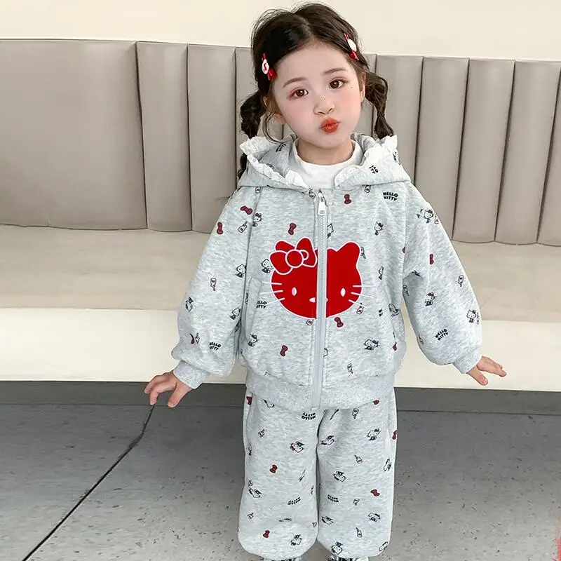 

Sanrio Hello Kitty пальто и штаны комплект из 2 предметов для девочек зимняя утепленная толстовка с капюшоном спортивные штаны детская кавайная аниме мультфильм новая повседневная одежда