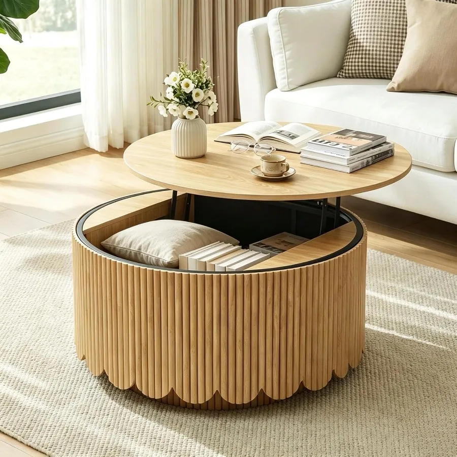 Fluted Round Lift Top Coffee Table with Storage for Living Room, wood, walnut, space-saving lift mechanism