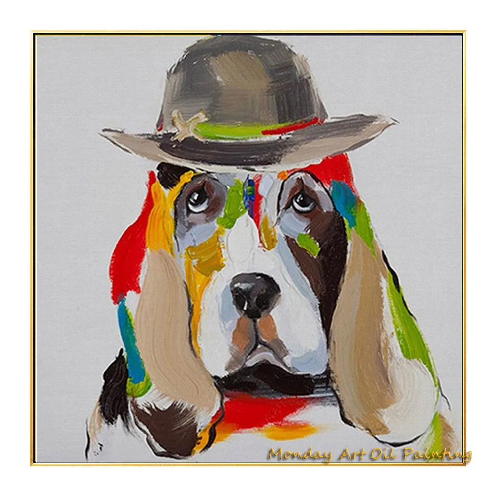 Modern abstract animal Hand painting on canvas brown dog red yellow puppy wearing hat acrylic extra large wall art for kids room