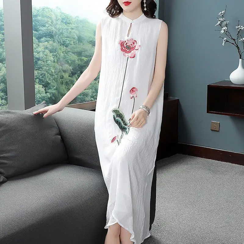 1pcs/lot chinese style woman Embroidered Cheongsam Sleeveless Vest Chiffon Dress Woman Dress print dress