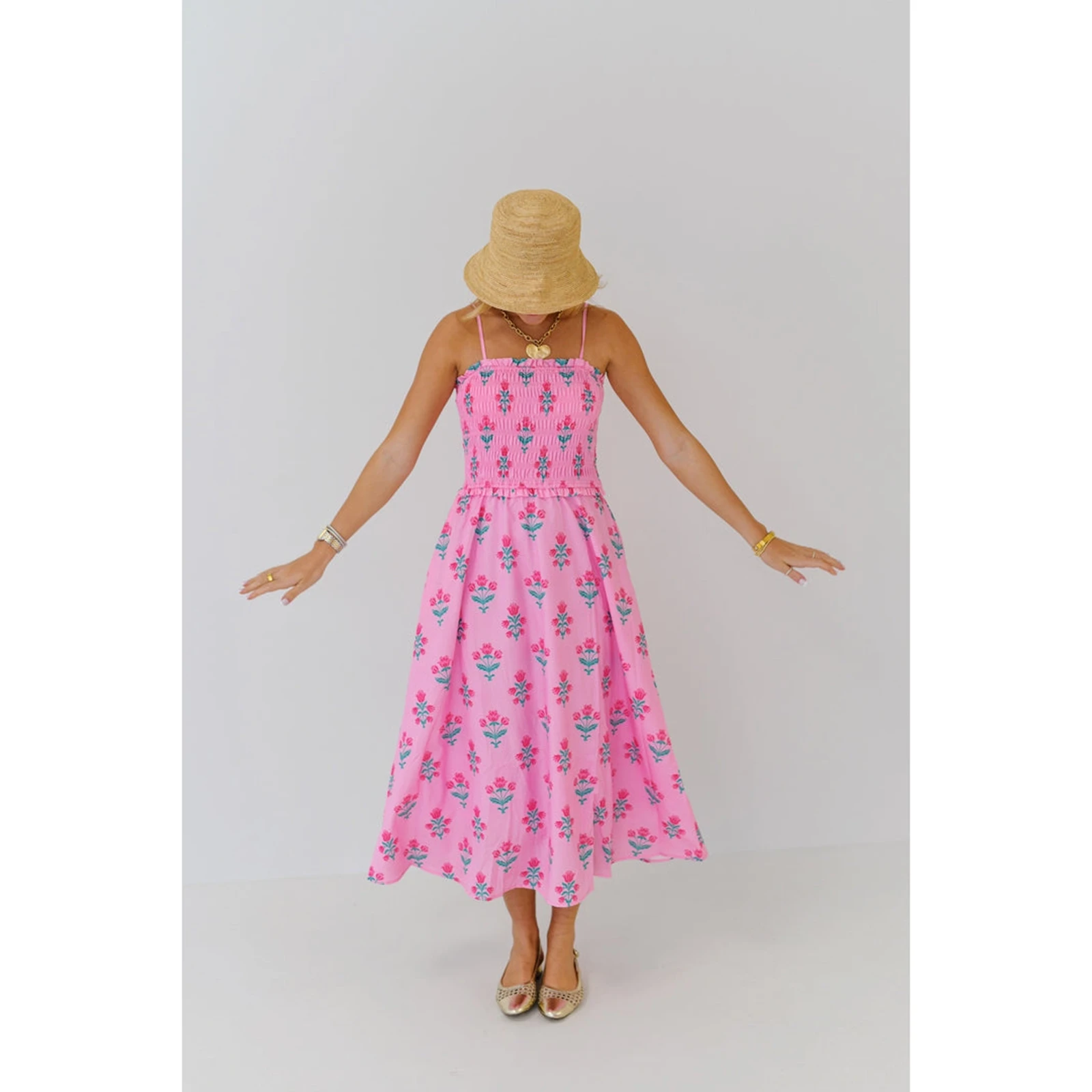 Abito da donna con cinturino per spaghetti drappeggiato per le vacanze Elegante abito lungo senza maniche smock con stampa floreale con volant Abito primaverile estivo