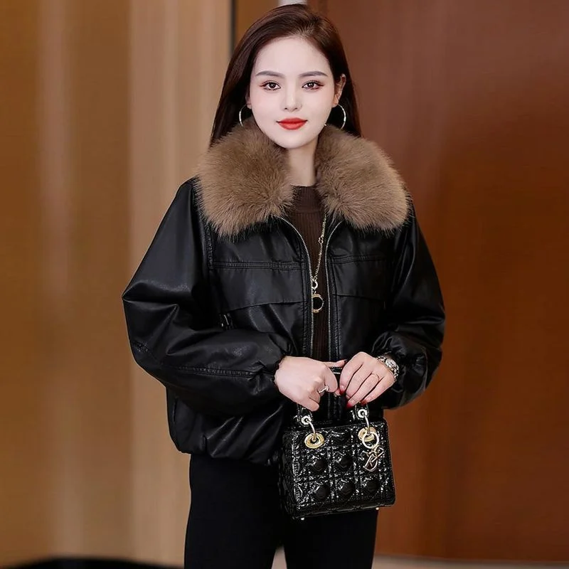 Winter Lady Detachable Fur Collar Cotton Outwear Female Long Sleeve PU Leather Jacket Autumn Women Short Plush Faux Leather Coat