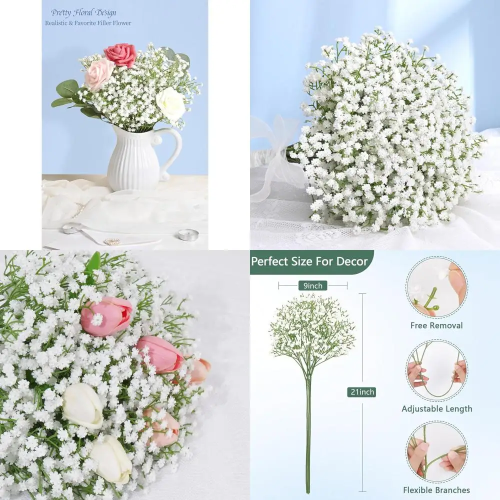 

60 Stems Long Baby's Breath Artificial Flowers, Real Touch White Gypsophila for Wedding Bouquets and Home Decor