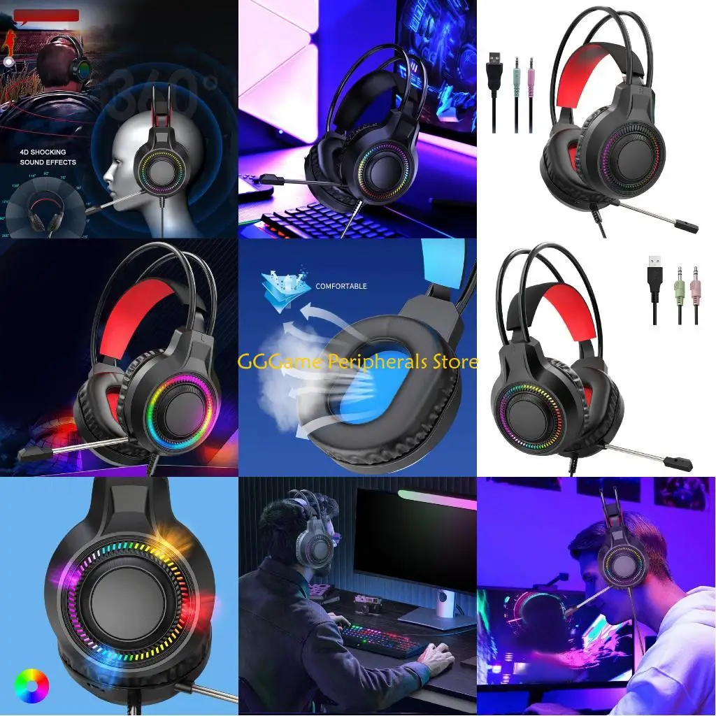 U55B Redness Black Light Up Wireds Headphones Heavy Bass Stereo Sound Soft Ear Pad