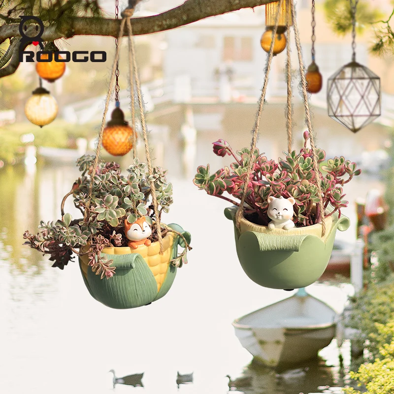 ROOGO Outdoor Garden Landscaping Decorations Figurine Ornaments Plant Hanging Animal Flower Pot Balcony Hanging Basket Succulent