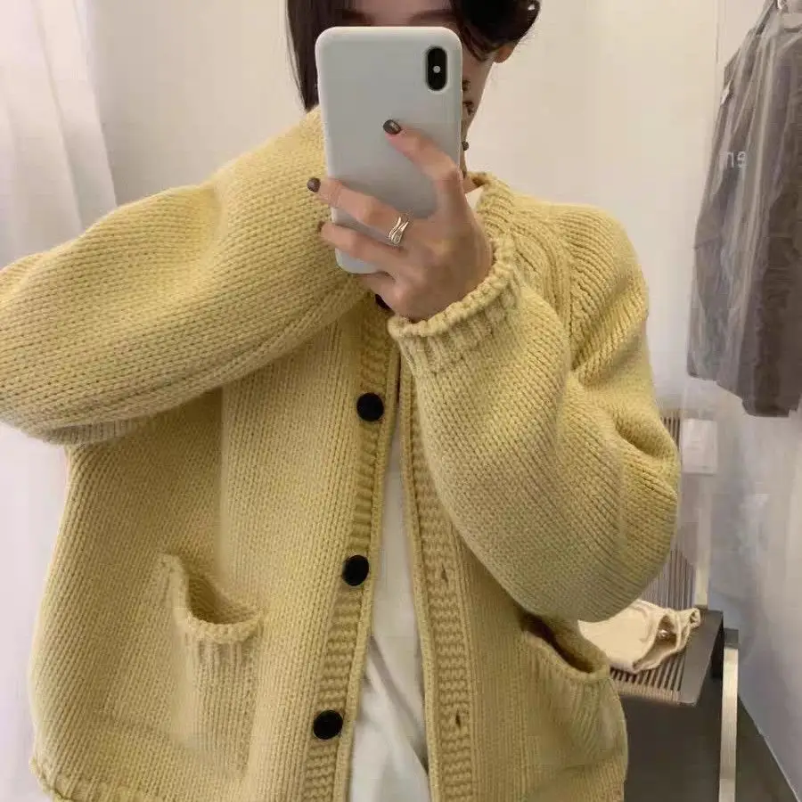 Autumn Winter Pocket Knit Cardigan For Women Cream Yellow Round Neck Thick Knit Black Buttons Loose Daily Outer Top