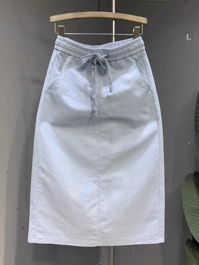

Design Drawstring Elastic Waist Denim Skirt for Women Autumn New Slim A-shaped Medium and Long Skirt