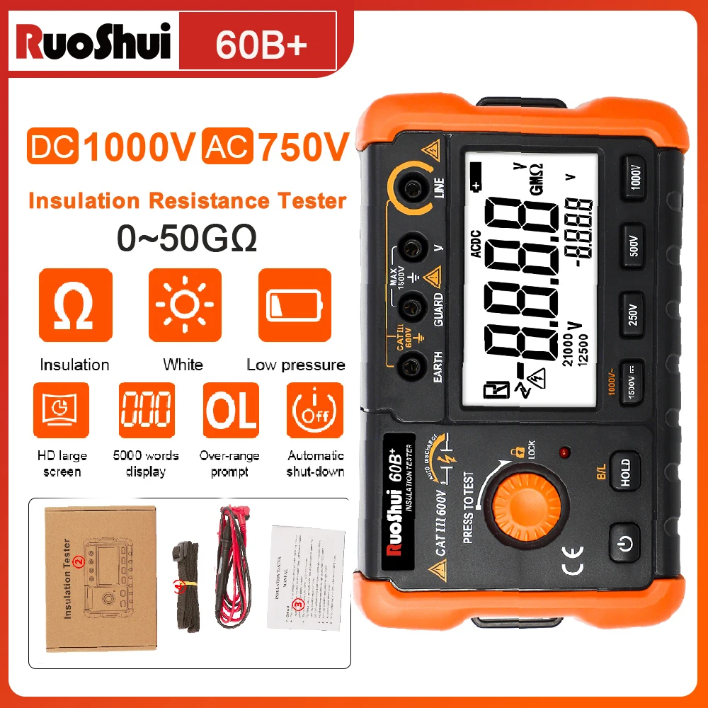 Probador de resistencia de aislamiento Digital 0-50GΩ Megger Megohm medidor de prueba rango automático 2000Cts pantalla LCD 20V ~ 1000V voltímetro CA/CC