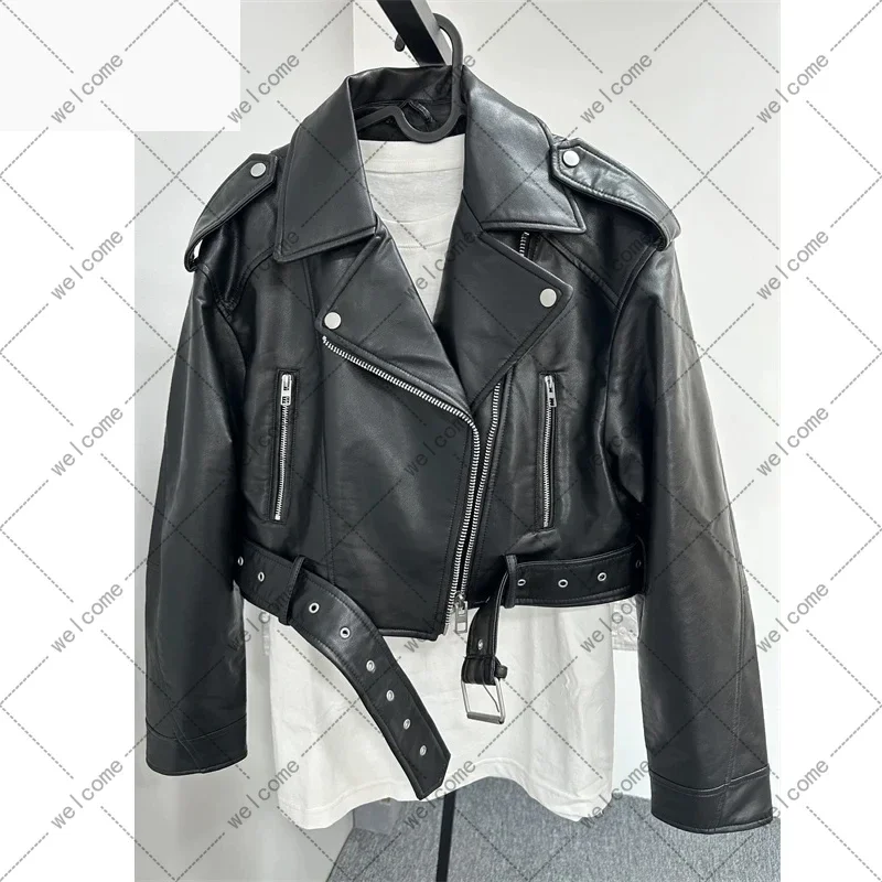 

2024 Women's washed leather jacket with belt, short coat with downgraded zipper and vintage lapel, e jacket