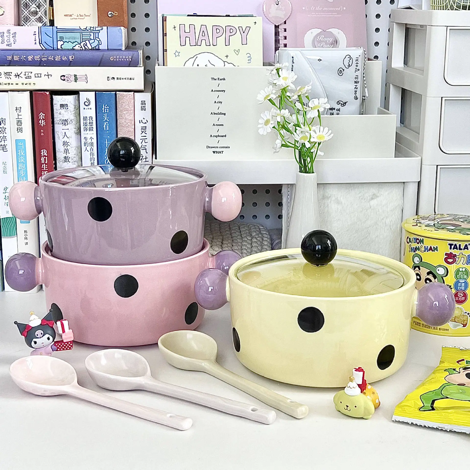 Ins cute and vivid covered ceramic instant noodle bowl, beautiful ceramic pot soup bowl, dormitory instant noodle bowl