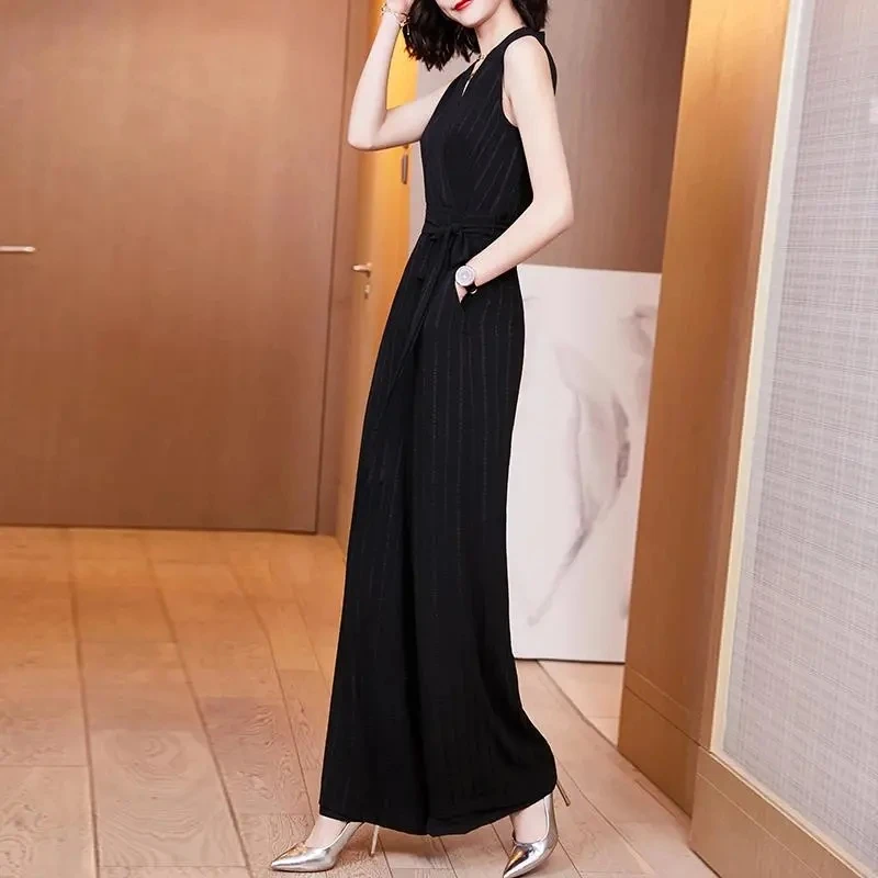 New Women Fashion Black Chiffon High Waisted Wide Leg Jumpsuit 2024 Summer Female Appear Thin Black Striped Wide Leg Jumpsuit