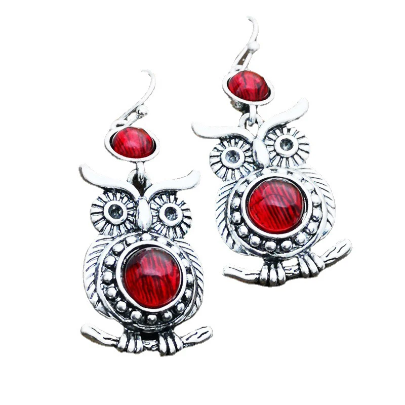 Vintage Red Round Stone Owl Earrings Lovely Animal Jewelry Thai Silver Color Statement Dangle Earrings Party Accessories