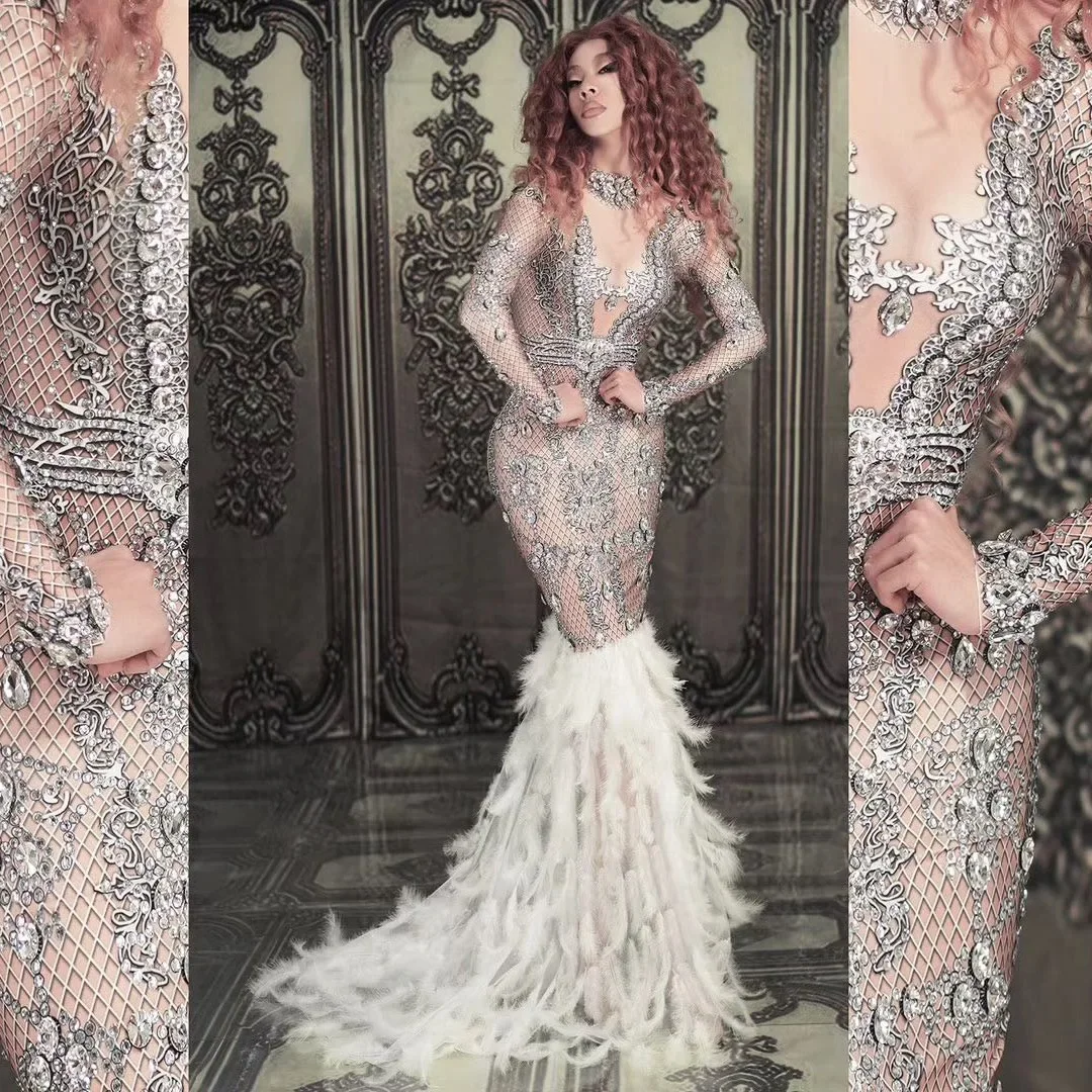 Luxurious Long Evening Dress Sparkly Big Rhinestone Birthday Celebrate Dancer Flashing Costume for Party Wedding Guests