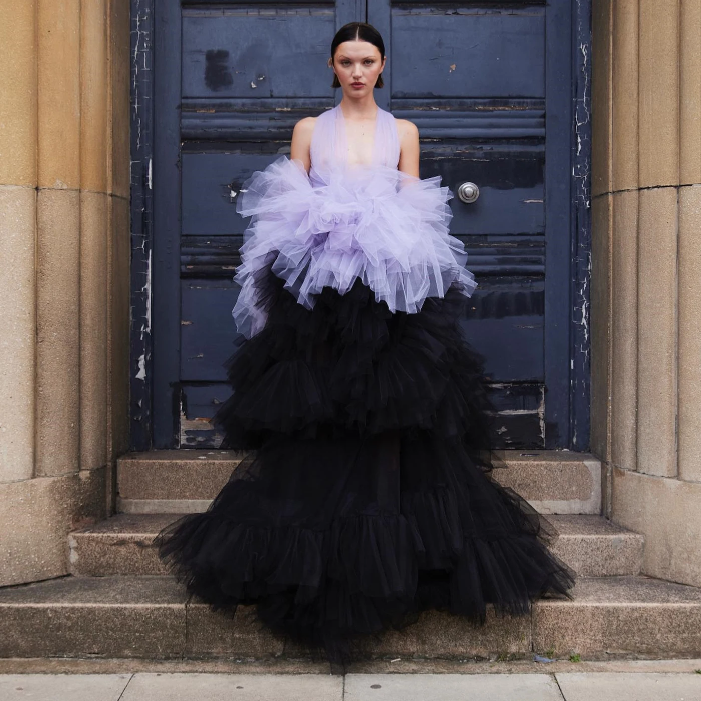 Vestido de baile em camadas, Vestido Maxi, Ruffles de lavanda e preto, malha longa, vestidos para ocasiões formais, nova chegada, 2 cores