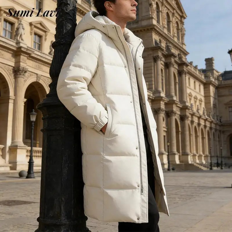 

2026 Весенний повседневный мужской пуховик Макси-пальто Зимняя теплая уличная длинная куртка Мужская мода Тренч с капюшоном на молнии Ветровка
