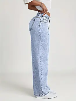 American Wide-Leg Straight Jeans 2 2026 New American Fashion Women's Loose Casual Wide Leg Straight Denim Jeans Baggy Streetwear Pants All Season Trousers 2