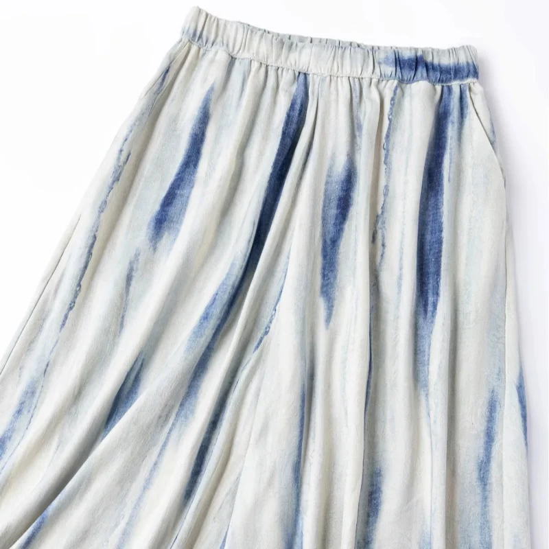 Birdtree, 100% Real Silk Wide Leg Pants, Gradient Print,  Women Spun Silk Soft Trousers, Elastic Waist, 2026 Summer New P66617JF