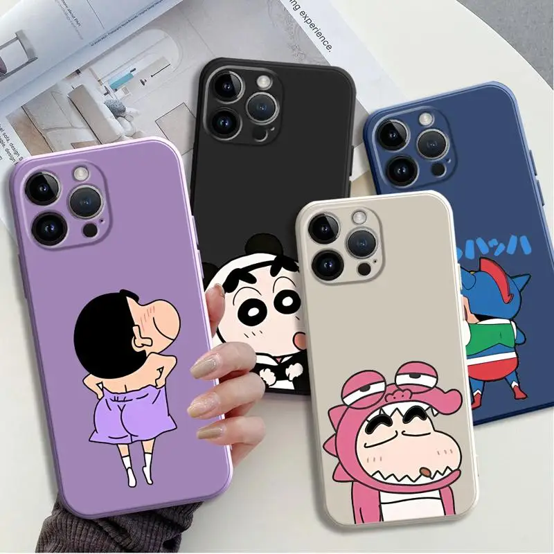 Cute Crayons Shinchans Case for Apple iPhone 15 Plus 14ProMax 13 Pro XR 12 Mini SE XS Max 11 8 7 Square Liquid Cover