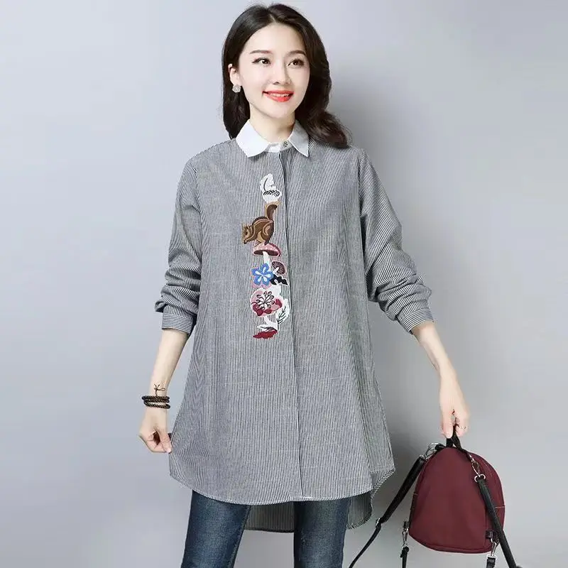 

Универсальные полосатые длинные женские свободные корейские сле с вышивкой большого размера, средней длины, простые сле