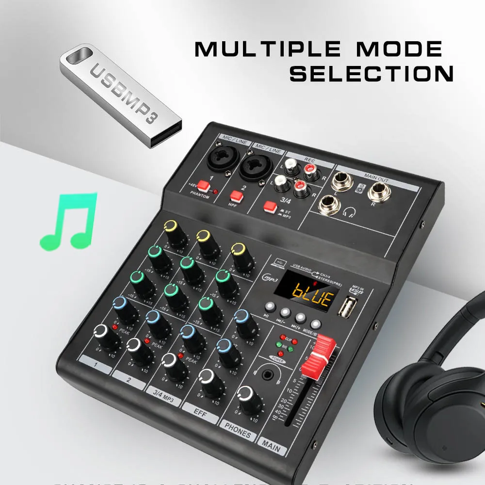 4 Channel 99 DSP Audio Mixer 48V Phantom Power USB Studio Sound Mixers Wireless Phone Connect Home DJ Console Mixing for KTV