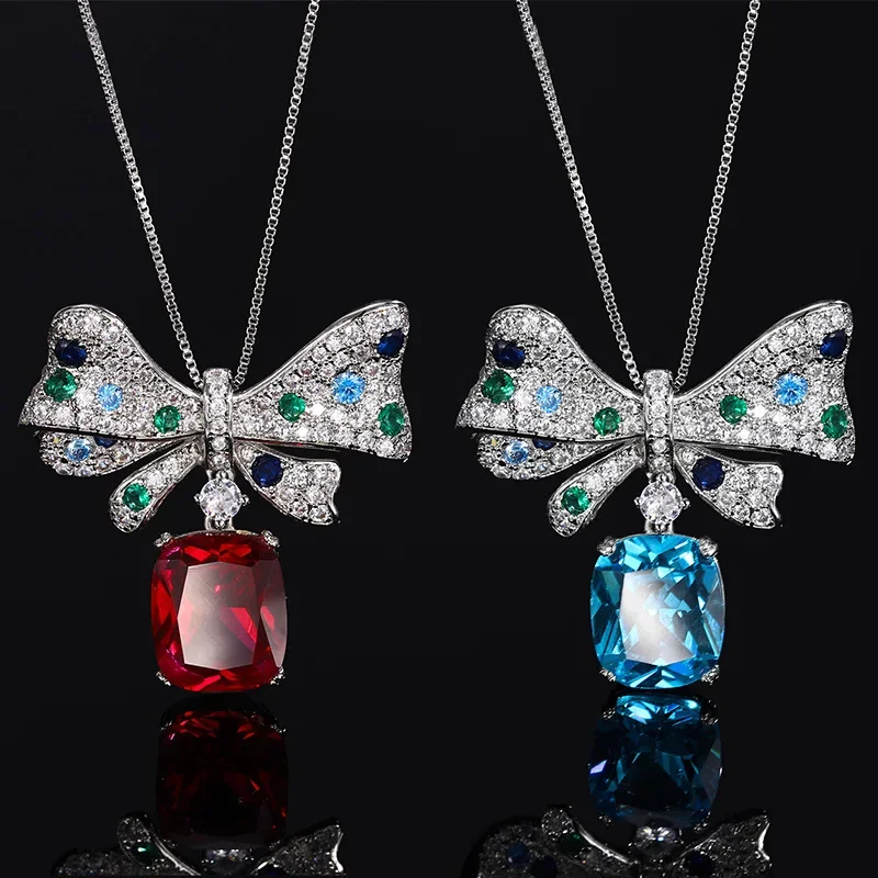 S925 Silver Plated 18K Gold Plated PT950 Platinum Korean Version Ins Trendy Red Corundum Bow Necklace Main Stone 12*14