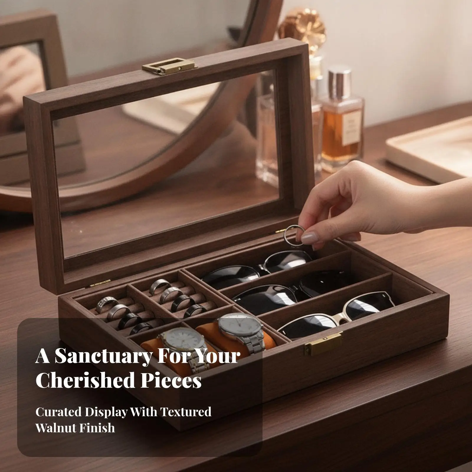 Rectangular Leather Jewelry Organizer Box with Transparent Lid for Necklaces Earrings Rings Glasses Tabletop Desk Storage Case