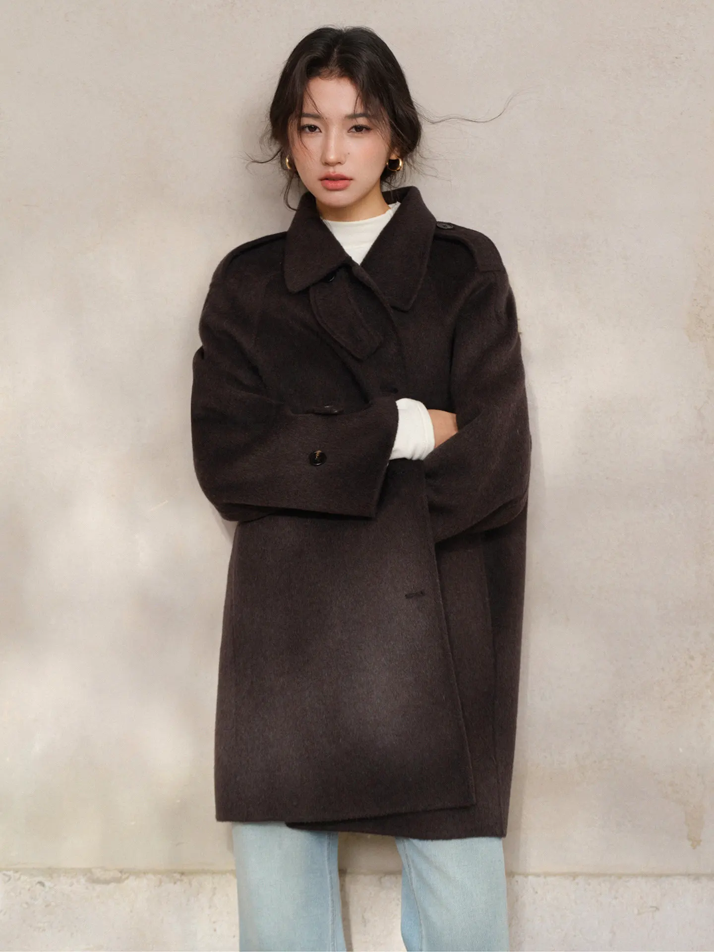 Women Vintage Double Face Wool Long Coat for Lady Elegant Oversized Overcoat Chic Winter Casual Loose Fit Outerwear Style Wear