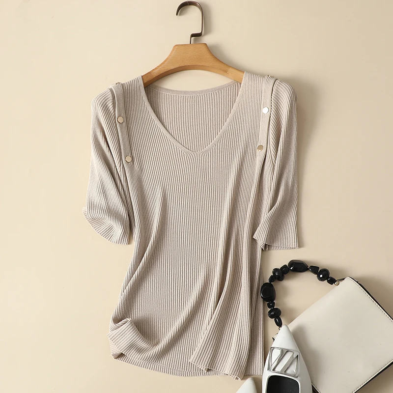 

Women's Button Lightweight Knitted T-Shirt, V-Neck Top, Slim Pulls, Elegant Female Tees, New Design, Summer, 2024