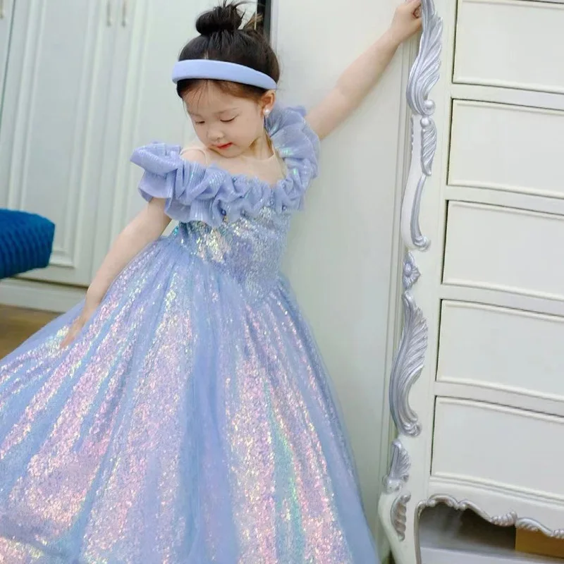 Elegant Wedding Party Dress for Toddler Girl Kids Princess Blue Pink Sequin Long Evening Luxury Gowns Child Pageant Prom Dresses