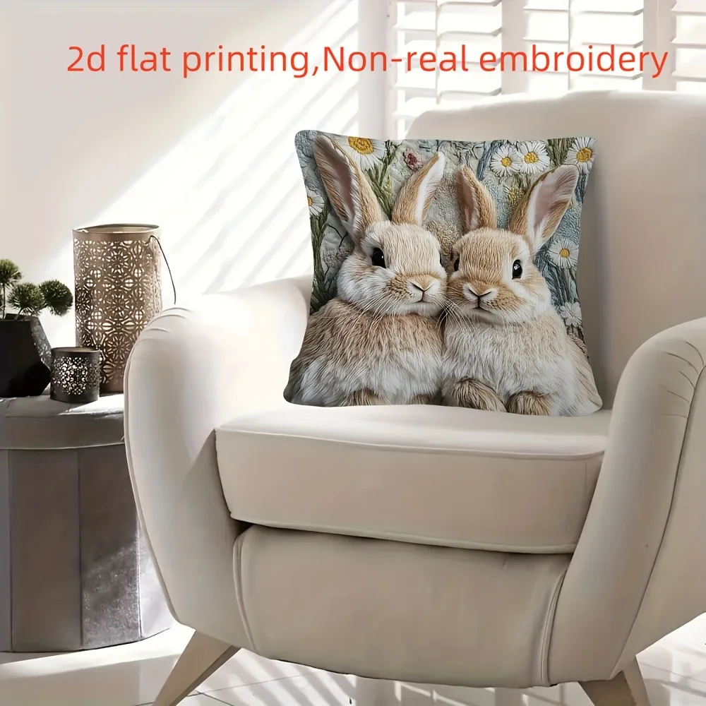 Pastel Bunny Pair Pillow Cover Double Sided 2D Print Cozy Stylish Pillow Cover Bedroom Living Room Sofa Charming Accessory Gift