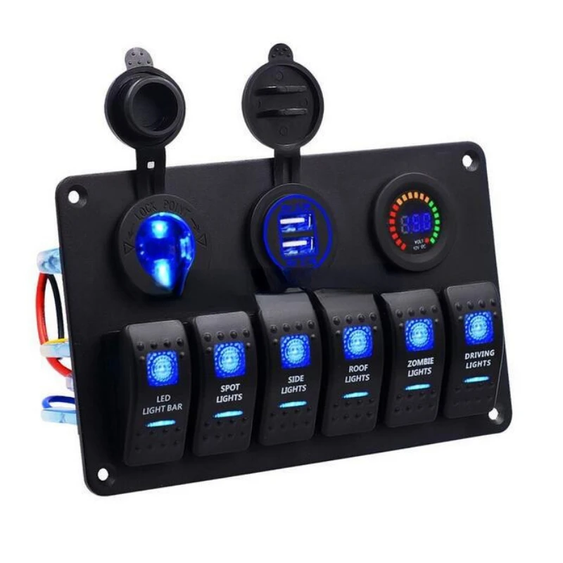 

6 gang LED Rocker switch Panel+ test 12v voltmeter + power socket for car boat