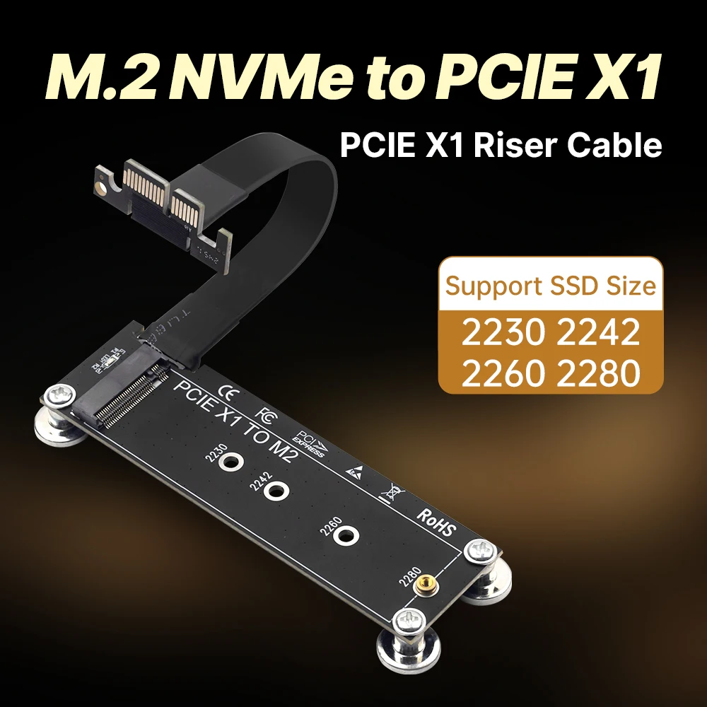 【セール中】PCI-E 3.0 x1 - M.2 NVMe SSDライザーカードアダプター 10cm延長ケーブル Mキー NVMe/NGFF SSD対応 デスクトップPC対応
