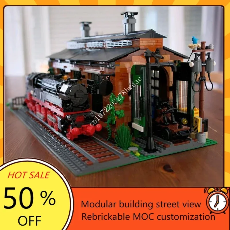 

2331 шт., модульный сарай для двигателя старого поезда MOC-910033, креативная модель с видом на улицу, индивидуальная головоломка, архитектура, сборная модель, игрушка в подарок