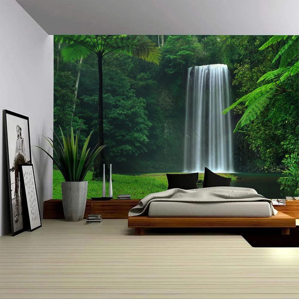

Forest Waterfall Tapestry Natural Landscape Mural Living Room Bedroom Hippie Art Decoration Bohemian Home Background Cloth